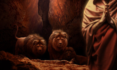 Daniel thrown into the lions den praying to God. Biblical story theme concept. - obrazy, fototapety, plakaty
