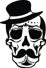 Day of Dead Skull Mustache Bowler Hat Decorated Festival Party Mexico Vector