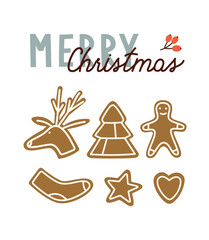 Hand-drawn winter card with gingerbread cookies, berries, and hand lettering. Concept of the winter season, winter holidays, Christmas, New Year. Vector illustration isolated on white.