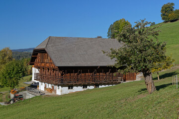 ALPE DI SUISI, ITALY, October 18, 2021 : A traditional wooden farm among the meadows, in Dolomites mountains.