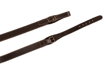 Brown leather shoulder strap for a gun isolated on white back