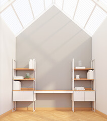 Nordic working room with white shelf book and translucent roof, gray wall and wooden floor. 3D rendering