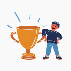 Vector illustration of little boy graduate and holding gold trophy. Young winner