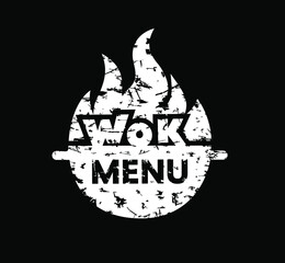 Wok menu. Wok frying pan icon. Vector illustration for menu, cafe,bar, poster, restaurant, banner, emblem, sticker, logo, label. White chalk on a black board. 
