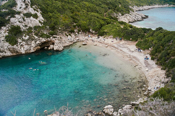Obraz premium Aerial view of Porto Timoni beach and pirate bay on Corfu island in Greece
