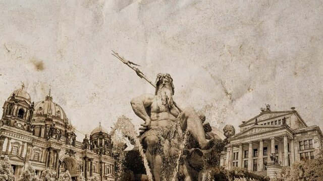 Slow motion collage of Berlin landmarks in Germany on old vintage crumpled paper. Creative 4k video loop animation with parallax effect.