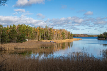 Coastal view and Gulf of Finland, trees, grass and sea, Kopparnas-Klobbacka recreation area, Finland