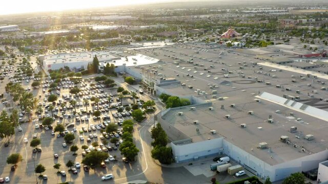 Aerial: Famous Ontario Mills And Parking Lot, Drone Flying Over Cars
