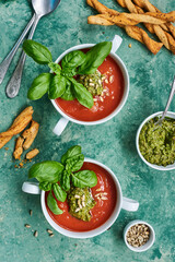 Tomatoe soup with basil sauce