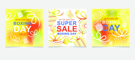 Boxing Day Super Sale, up to 50% off set of trendy golden gradient background. Design template for banners, flyers, magazine, card, branding, book covers, notebooks background, presentation design,