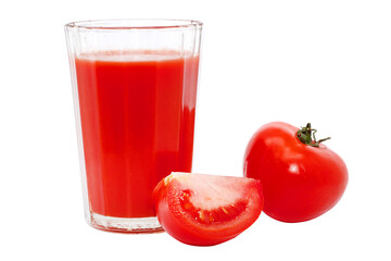 red delicious tomato juice in a beautiful glass on a background of tomatoes isolated on a white...