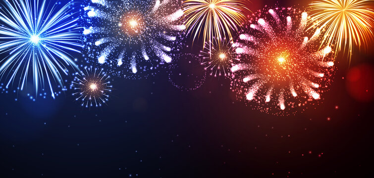 Vector holiday festival blue, red and gold firework. Independence day, Christmas, New Year party