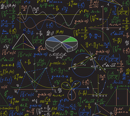 Multicolored educational vector seamless pattern with math and physics scientific formulas, calculations, equations	
 - obrazy, fototapety, plakaty