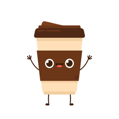 Coffee cup character design. Cartoon coffee cup. Vector flat cartoon illustration.
