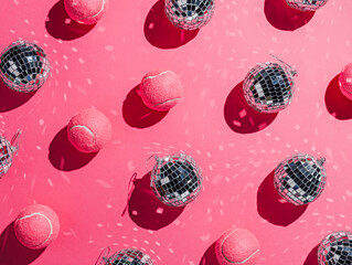Christmas party pattern made with shiny disco balls and pink tennis balls on vibrant pink...