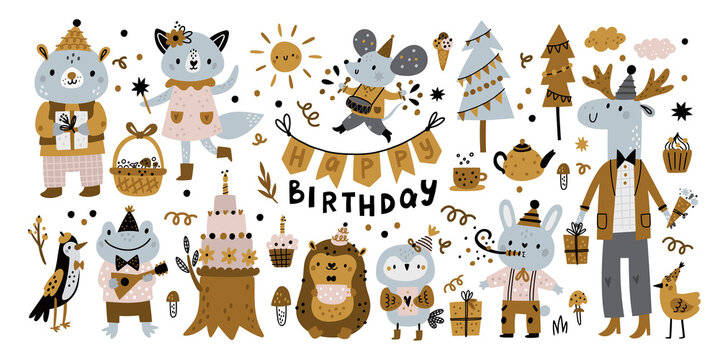 Cute cartoon animals with festive birthday design elements. Forest animals isolated on white. Frog, fox, bear, hare, owl, hedgehog, deer, moose, woodpecker. Happy birthday childish vector set