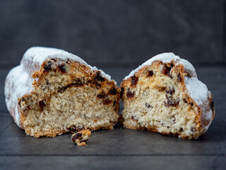 Christstollen, christmas stollen on gray background