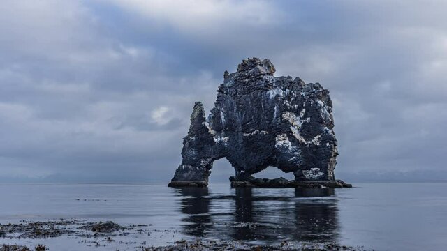 Hvitserkur iconic rock in iceland time lapse