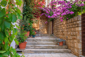 Fototapeta na wymiar Mediterranean summer cityscape - view of a medieval street with stairs and flowers in the Old Town of Hvar, the island of Hvar, the Adriatic coast of Croatia