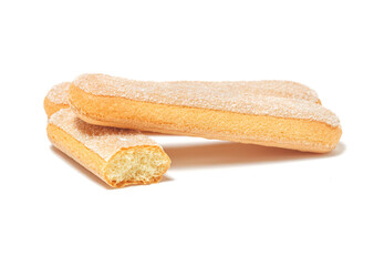 Ladyfingers or savoiardi biscuit, italian desserts and sponge cookies, isolated on white background