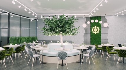 interior of a vegetarian restaurant with landscaping
