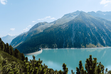 Schlegeisspeicher in Zillertal. Beautiful nature in austrian Alps. Schlegeis reservoir landscape