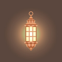 Vector isolated illustration of realistic classical hanging copper lantern. Shining three-demensional lamp with lighting effect on a brown background