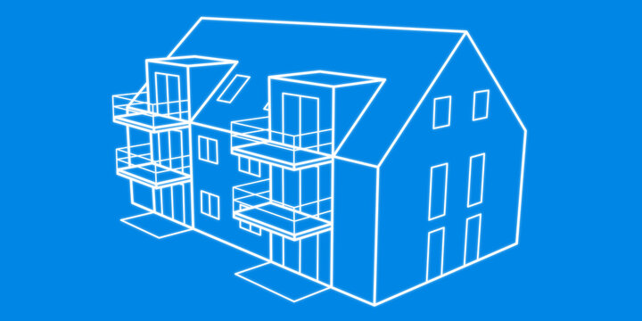 Mehrfamilienhaus mit sechs Wohnungen, Satteldach und Balkonen, Wohnungsbau, Neubau, Planung, Architektur, Blueprint