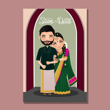 Wedding invitation card the bride and groom cute couple in traditional  indian dress cartoon character Stock Vector | Adobe Stock