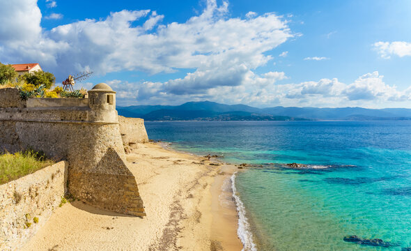 Landscape with  Saint Francois beach and old citadel  in Ajaccio, Corsica