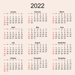 Calendar for 2022 with horizontal arrangement of days of the week