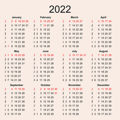 Calendar for 2022 with vertical arrangement of days of the week