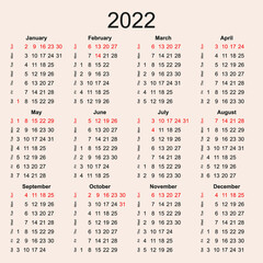 Calendar for 2022 with vertical arrangement of days of the week