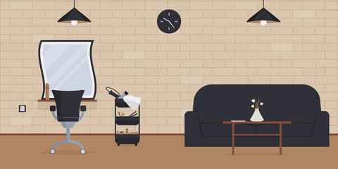 The interior of the beauty salon in the loft style.An empty, cozy barbershop with a brick wall, mirrors, trolleys with hair dryers, hair straighteners.Workplace of the hairdresser. Vector illustration