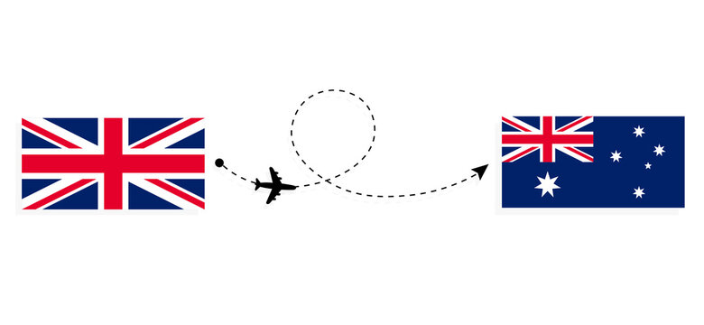 Flight and travel from United Kingdom of Great Britain to Australia by passenger airplane Travel concept