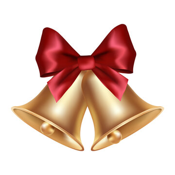 Volumetric realistic golden Christmas bell with red bow