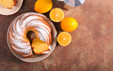 Lemon and sour cream ring cake, with icing sugar