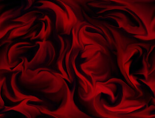 Obraz premium Red brilliant textiles, seamless background with wavy draped fabric pleats, smooth silk texture with wrinkles and creases in the flowing fabric. Digital illustration