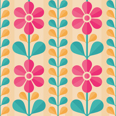 Decorative background design. Flowers and leaves vector artwork. Abstract geometric seamless pattern. Decoration floral ornament in retro vintage design style. 