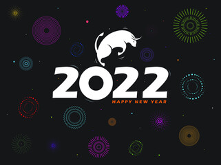 The Chinese new year 2022 year of the ox. Colorful fireworks 2022 New Year vector illustration. Flat style abstract, geometric design. The concept for holiday decor, card, poster, banner, flyer vector