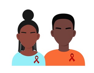 Young Black Man and Woman with Red Ribbon. Symbol of the solidarity with HIV-positive people
