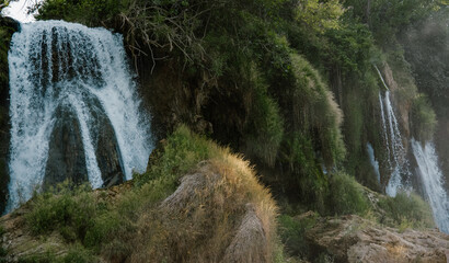 Wodospady w otoczeniu bujnej roślinności panorama