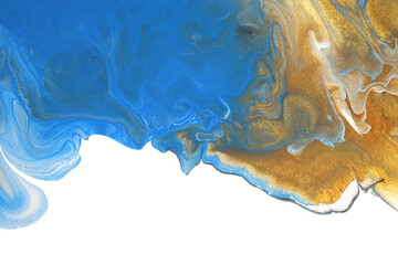 Abstract flow pour acrylic and watercolor smear blot painting. Blue and gold Color marble texture background.