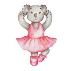 Watercolor illustration of hand painted grey koala bear in dance studio in pink dress and ballet shoes. Isolated cartoon character animal clip art for children design fabric textile prints, postcards © Olga Sidelnikova
