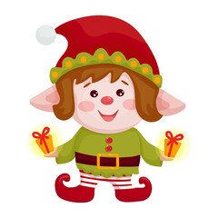 Christmas elf with gifts.Funny character in a festive costume. Cartoon vector graphics.