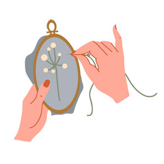 Beautiful female hands hold a hoop and embroider a botanical pattern.Flat vector graphics.