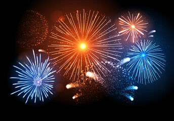 Fototapeta na wymiar Vector holiday festival blue, red and gold firework. Independence day, Christmas, New Year party