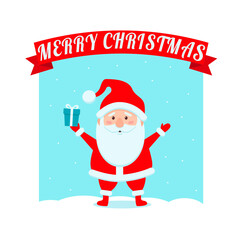 Santa Claus is standing in the snow on a blue background with a gift in his hand . The red ribbon says Merry Christmas .
