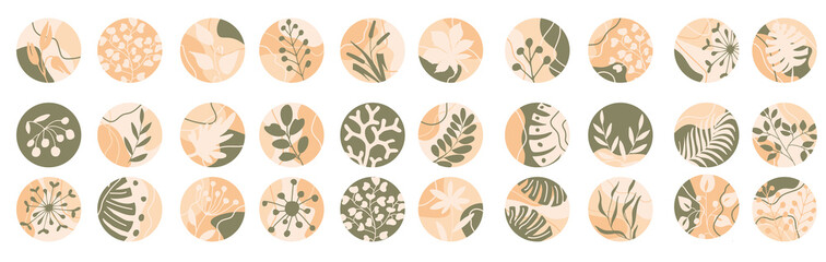 Big set of round highlight covers  with abstract shapes, wavy lines and plants in pastel  colors.  30 icons for social media stories, instagram, bloggers. Abstract background. EPS10