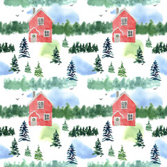 Hand painted watercolor seamless pattern Scandinavian Winter